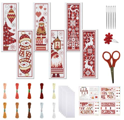 FREEBLOSS 6 x Weihnachts Kreuzstich Lesezeichen Set Für Erwachsene Und Anfänger Gestempelte Stick Lesezeichen Sets Lesezeichen Bastelset Mit Anleitung als Geschenk 11CT 8''X2.4''