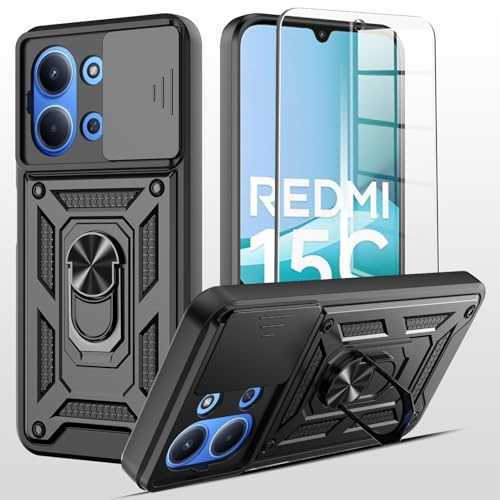 Handyhülle für Xiaomi Redmi 15C (4G / 5G) Hülle mit Kamera Schiebeabdeckung | 1 Stück Displayschutzfolie, 360° Metall Ring Ständer, Stoßfest Schutzhülle, Hybrid Kratzfest, Schwarz
