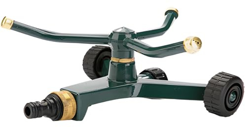 yeeplant Aspersor de metal con boquillas de pulverización de cobre, 3 brazos giratorios en base estable con ruedas, cobertura de césped de 360°, se conecta rápidamente a la manguera de jardín