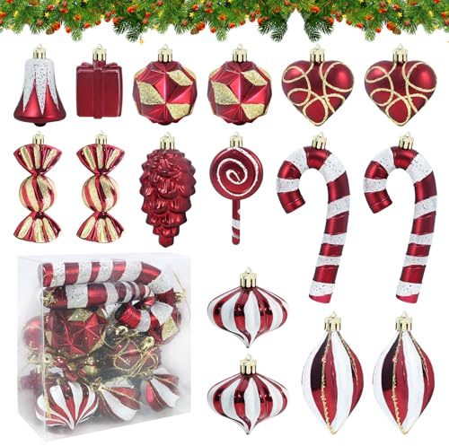 Bolas de Navidad de Plástico - Adornos Navideños Rojos, 16 Piezas con Campanas y Casitas para Árbol de Navidad, Corona, Chimenea - Decoración para Interior y Exterior, Resistente y Duradero