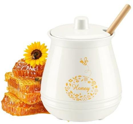 Wozzies 300ml Pot Miel Porcelaine, Pot à Miel avec Cuillere, Distributeur Miel Adapté pour le Stockage et la Distribution de Sirop D'érable, de Confiture et de Sirop de Café (Blanc)