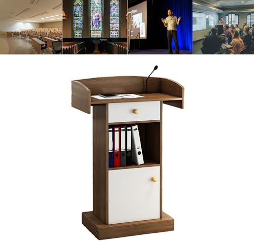 Generico Scrivania Professionale Bianca con podio, mobiletto portaoggetti e cassetto - Ideale per Insegnanti, presentatori, cappellani e relatori - Leggio Resistente ed Elegante per Eventi e conferen