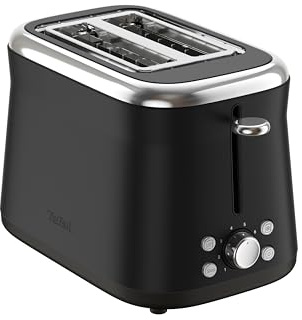 Tefal Collection Doppelschlitz-Toaster, breite Schlitze, 8 Bräunungsstufen | extra hoher Hebel, 4 Funktionen, abnehmbare Krümelschublade, Retro-Edelstahl-Optik, Schwarz, TT7208E0