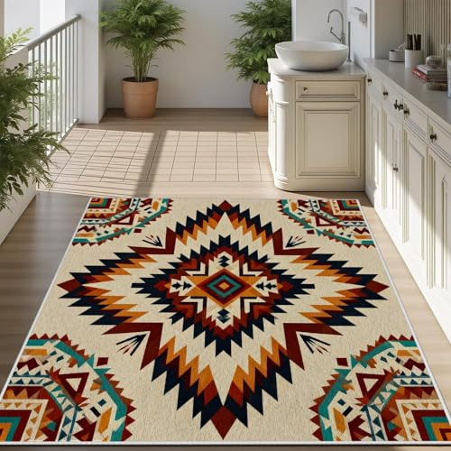 AUWUUA Aztec geometrisk matta 90 x 190 cm sydvästra indianer stametnisk stil, bohemisk tvättbar halkfri matta för badrum, hall, kök, sovrum, färgglad