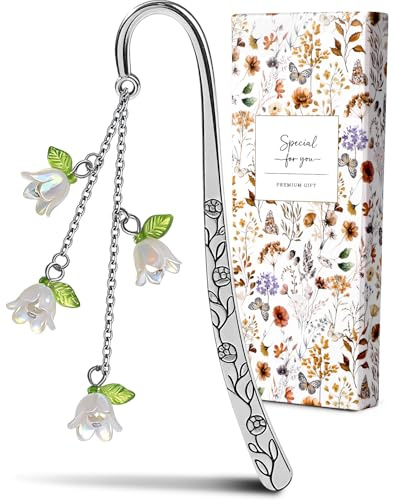 Buleens Bookmarks for Women Reading - Book Marks for Readers Book Lovers, Cute Sliver Lily Floral Personalized Metal Bookmark with Pendants, Pretty and Aesthetic Book Accessories Reading Gifts