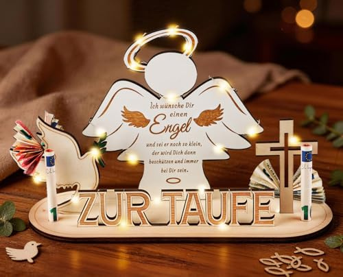 Giftota Geldgeschenk Taufe Holz mit LED Lichterkette, Kreative Taufgeschenke für Junge Mädchen, Schutzengel Deko Geschenk