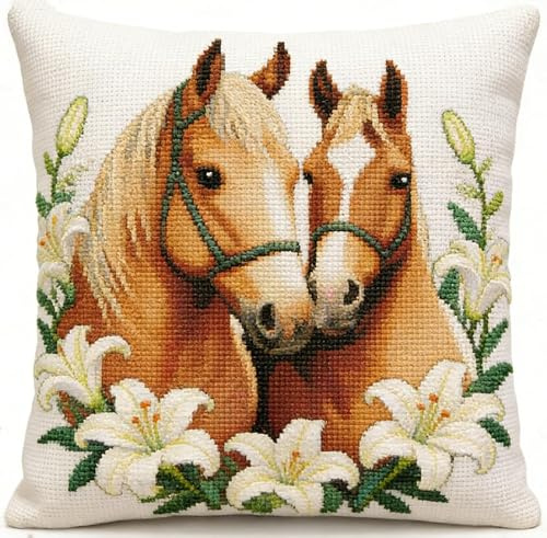 FanZheZhe Kit de broderie au point de croix estampillé,DIY de Coussin à Broder cheval 11ct45x45cm Coussin Brodé Décoration Point de Croix Complet Broderie Pré-imprimé DIY pour Adulte la Chambre