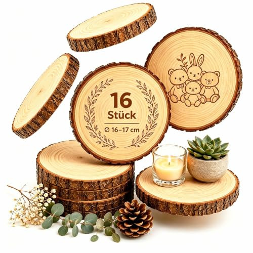 16er Set Holzscheiben 15-17 cm Durchmesser, Baumscheiben Naturholz mit Rinde, 15 mm Dick, Runde Holzscheiben zum Basteln, Ungebohrt für Lasergravur, Holzscheiben Deko, Hochzeit, Tischdeko & DIY