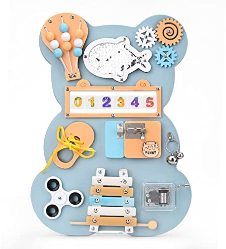 Montessori Beschäftigungstafel für Kleinkinder ab 1 Jahr, Sensorikspielzeug mit über 10 Aktivitäten, Lernspielzeug mit 42 Magneten, Musikdose und Xylophon, Tragbar für Reisen