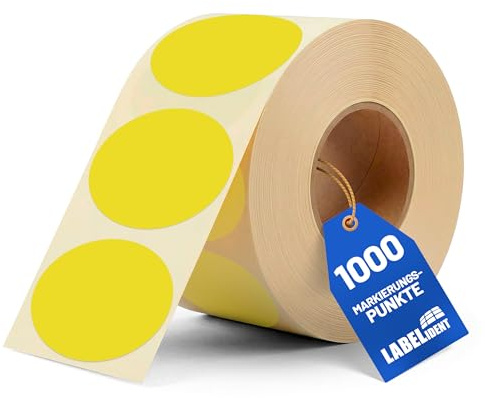 Labelident Markierungspunkte, Klebepunkte neongelb - Ø 50 mm - 1.000 bunte Papieraufkleber auf 1 Rollen, Inventuretiketten selbstklebend