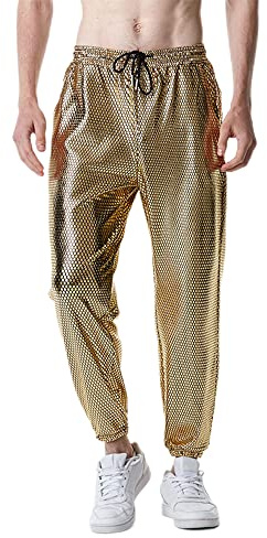 NewL Herren-Jogginghose, glänzend, silberfarben, metallisch, Hip-Hop-Hose, Nachtclub, Party, Festival, Abschlussball, Streetwear