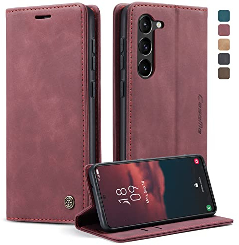 KZB für Samsung Galaxy S23 Hülle, Magnet Leder Klapphülle Stoßfest | Retro PU Leder, 2 Kartenfach, Standfunktion, Schutzhülle, Flip Case, Handyhülle für Galaxy S23 5G 6,1'', Weinrot