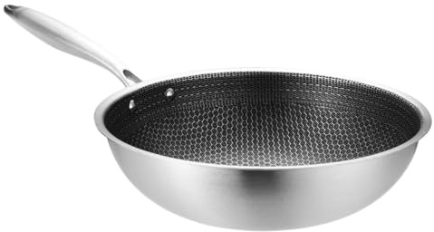 Wok Poêle en acier inoxydable Wok Poêle à mélanger 32 cm Hot Pot antiadhésif Fer Poêle à frire Double poignée Casserole chinoise Ustensile de cuisine pour la cuisson à la vapeur