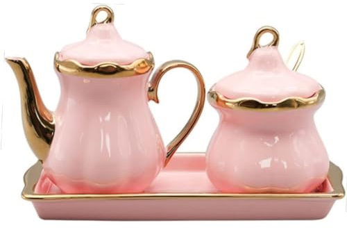 MAGICVOGEL Keramik Milchkännchen und Zuckerdose Set Zuckerbehälter Milchkanne mit Tablett Gewürzdose mit Deckel und Löffel Sahnekanne Kaffeeservice Set für Zuhause Café Bar (Rosa)