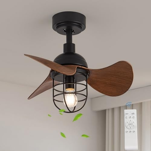 Luyaim Kleiner Deckenventilator Mit Licht Und Fernbedienung Leise Retro Fan Light 6 Geschwindigkeiten DC Reversible Motor Für Schlafzimmer Wohnzimmer Deckenventilator Design Mit Timer
