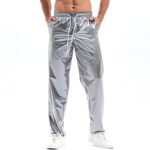 Amy Coulee Herren Glänzend Metallic Hosen Nachtclub Disco Hose Party Glitzer Pants (Silber, L)