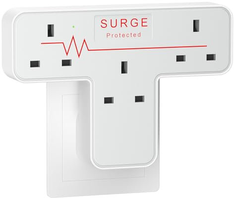Multi Plug Adaptor, 3 Way Plug Adapter UK, Surge Protected Wall Plug Extender, Extension Plug Socket Turn 1 into 3, Multiplug Socket Adapter for Home Office
