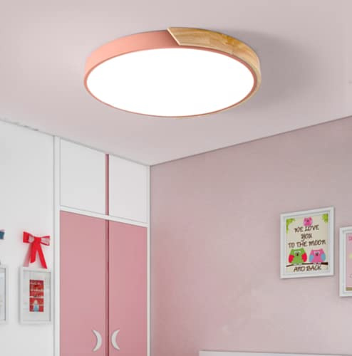 SSNCcNC Rosa, LED Holz Deckenleuchte Rund Flach Panel Deckenlampe Weißes Licht 6000K Kinder Schlafzimmer Küche Bad Balkon Flur Wohnzimmer Deckenbeleuchtung Metallrahmen Acryl-Schirm Ø30cm