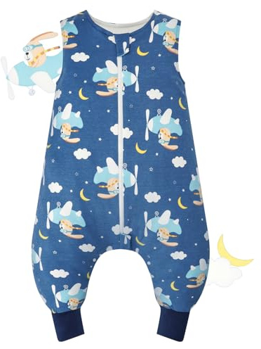 JiAmy Saco de Dormir con Pies para Bebé 0.5 TOG 1.0 TOG, 100% Algodón Saco de Dormir Transpirable Suave Sin Mangas Pijama Manta Toda la Temporada para Niños 2-3 años Azul marino
