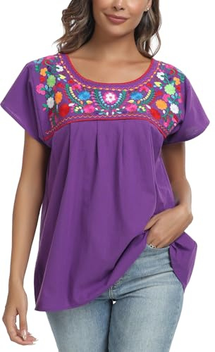 Mexican Shirts for Women Peasant Cotton Blouses Embroidered Tops Short Sleeve Summer Bohemian Clothing Traditional Fiesta (M, E910PU)