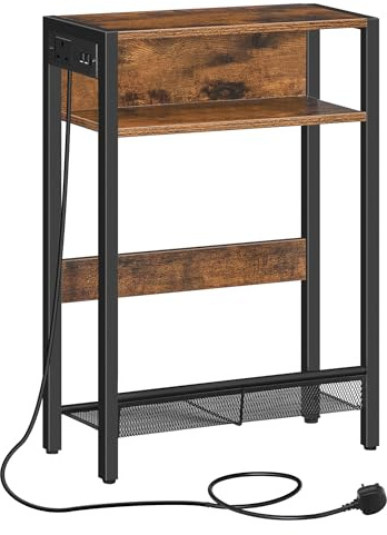 CHOEZON Side Table with Charging Station, Narrow End Table, Slim Nightstand for Small Space, Skinny Beside Table with Storage, for Living Room, Bedroom, Rustic Brown and Black DTBZ05KBF