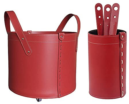 LIMAC Design LYCAD, Set da Camino Moderno in Cuoio Composto da Portalegna, Borsa Porta-Ferri e Attrezzi da Caminetto, Idea Regalo, prodotto in Italia. (Rosso)