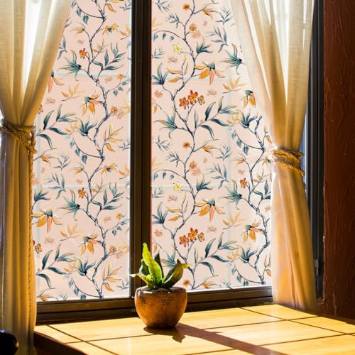 Sichtschutzfolie Fenster Vintage Blumen Sonnenschutzfolie Fenster,Sichtschutz Fensterfolie,Durchsichtig Thermofolie Fenster Gegen Hitze,Milchglasfolie Statisch Haftend