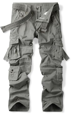 Aeslech Pantalon cargo en coton pour homme, décontracté, ample, pour le travail, la randonnée et les voyages, avec poches, coupe décontractée (sans ceinture), gris, 42