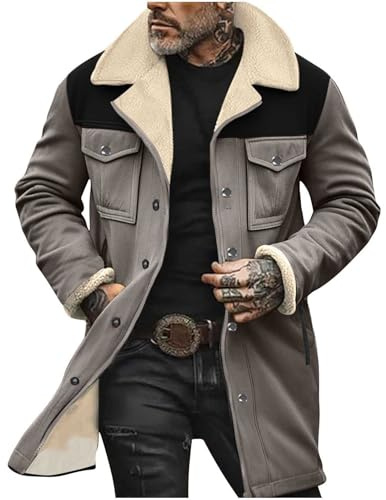 Herren Wildlederjacke Lang Gefütterte Lederjacke Vintage Kunstwildleder Mantel Winter Jacke Warm Trenchcoat Wolle Freizeitjacke Fleece Wintermantel Deals Of The Day Grau XL