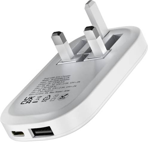 TEKRAT Slim USB C Plug UK, 30W GaN Fast Charger, Foldable Pins, Dual Ports | USB-C PD 3.0 PPS 30W, USB-A QC 3.0, Compact UK Adapter, iPhone, Samsung, Pixel, Phones, Tablets, Accessories, 2-Year Warranty