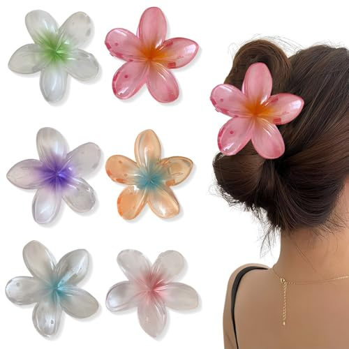 ZEPIQOR Lot de 6 pinces à cheveux en forme de fleur pour cheveux épais, forte tenue, antidérapantes, hawaïennes, mignonnes, grandes pinces à cheveux, accessoires de cheveux hawaïens pour cheveux épais