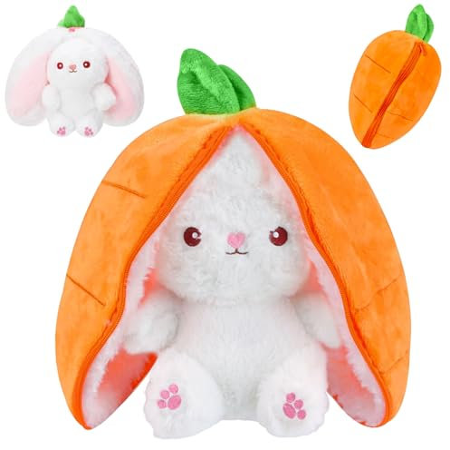 XIMEY Lapin en peluche fraise - 25 cm - Lapin de Pâques - Carotte - Peluche lapin caché - Pour enfants, garçons et filles - Décoration de fête de Pâques