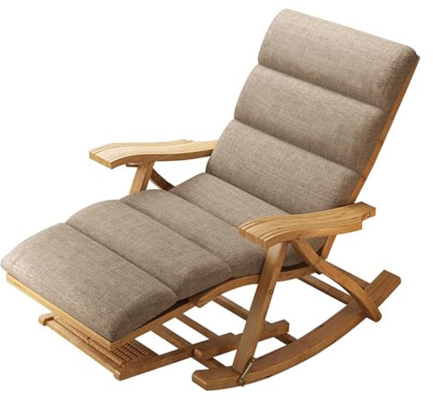 JKJZSALJ Liegestuhl mit Wippe aus Holz, verstellbare Sonnenliege, Sonnenliege aus Bambus, faltbar, mit Armlehne, Fußstütze und Fußmassage, Liegestuhl mit Schwerkraft, Holzfarbe, Braun