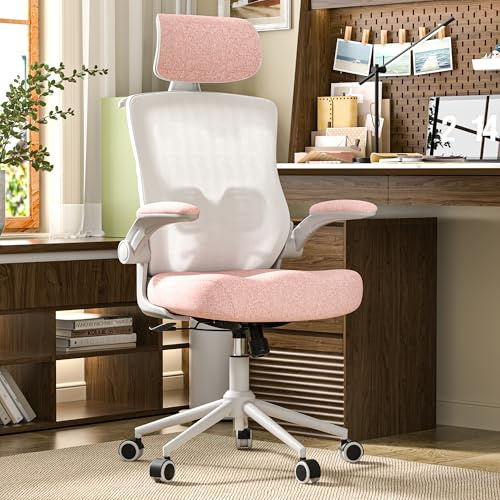 FOKESUN Ergonomischer Bürostuhl mit Verstellbarer Kopfstütze & Lendenstütze – Hochlehner Mesh-Schreibtischstuhl mit Schaumstoff-Sitz, Kleiderbügel & Verriegelungsfunktion (Weiß und Rosa)