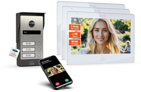m-e ALLVISO Video Türsprechanlage, 2 Draht IP BUS, Aufputz Gegensprechanlage mit Kamera und Türöffner, 10 Monitor, kostenlose Handy App, Türklingel mit Kamera und Türöffner fürs 3 Familienhaus