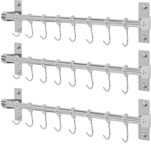 awliye 3 Pcs Stainless Steel Kitchen Utensil Rack with Movable Hanging Hooks, 40cm Kitchen Rail Wall Mounted, Space-Saving Design Utensil Holder Hanger for Cooking Utensils Spoons Mugs