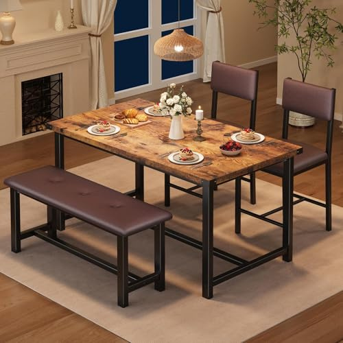 OPULENTHOME 4 Pcs Esstisch Set, Esstisch mit Gepolsterten 2 Stühlen und Bänken, Holz Tisch Stühlen Set für Küche, Wohnung, Robuste Rahmen, Retro,113x70x75cm