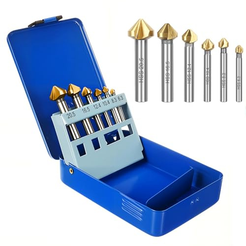 Set di svasatori conici in titanio, set di svasatori conici HSS 6 pezzi con rivestimento TiN Set 90 per metallo, legno, alluminio, plastica, levigato di precisione in cassetta di ferro blu