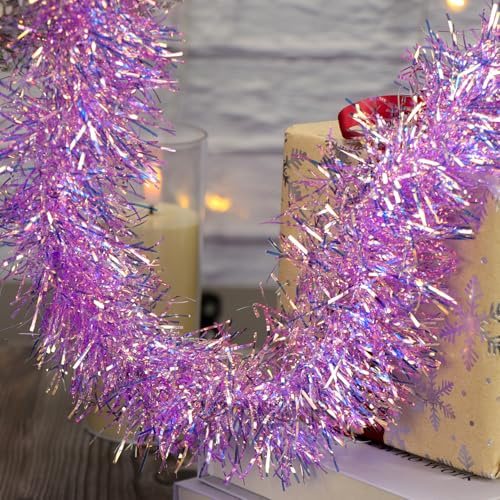 10M/32.8Ft Iridescent Christmas Tinsel Garland, Colorful Metallic Twisted Hanging Garland Glitter Christmas Tree Tinsel Rainbow Tinsel for Xmas Holiday Birthday Party Decoration (Iridescent Purple)