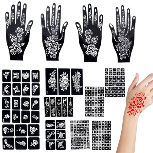 Lot de 14 pochoirs de tatouage au henné - Pochoirs temporaires à paillettes - Pochoirs réutilisables - Pochoirs de tatouage au henné - Pochoirs de tatouage pour femmes et filles