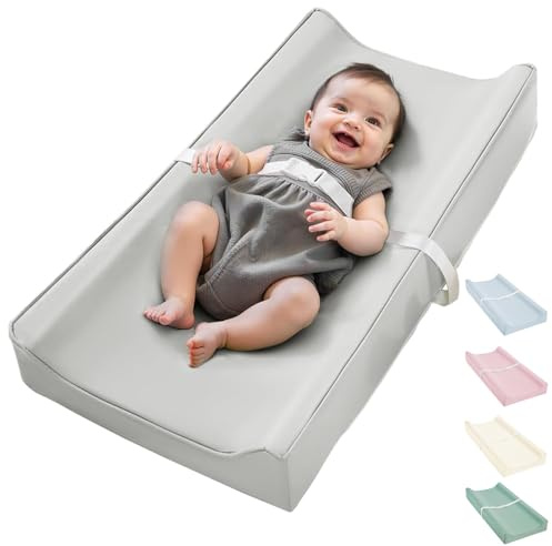 KMSUPERB Wickelauflage 80x40cm – Veganes Leder, Wasserdicht & Abwischbar | Extra Dicke & Rutschfeste Wickelunterlage mit Sicherheitsgurt – Für Wickeltisch, Reise, Babybett (Gray)