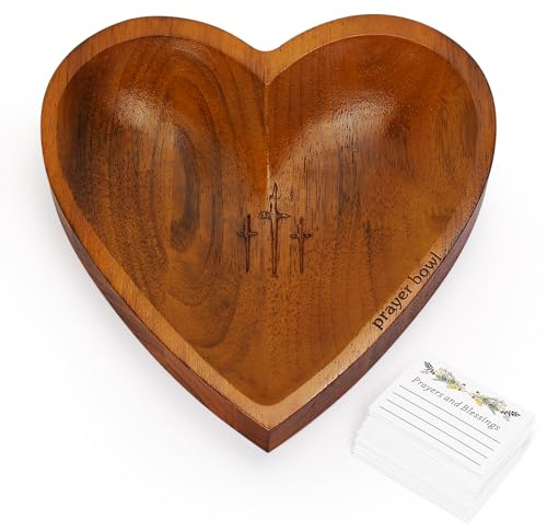 VAlinks Prayer Bowl with 24 Blessing Cards Wooden Prayer Bowl Rustic Heart Shaped Decor Dough Bowls Christian Gifts for Mom Dad (Dark)
