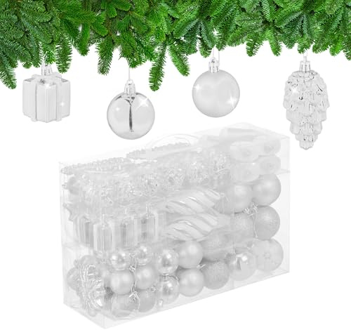 Relaxdays Weihnachtskugeln 72er Set, glitzernde, Matte & glänzende Baumkugeln, Stiefel, Herz & Zapfen, Kunststoff, Farbe