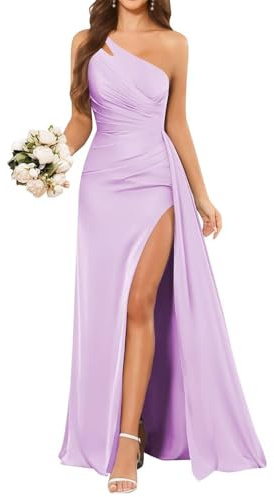 HPPEE Satin Lilac Prom Dresses for Women with Slit Mermaid One Shoulder Bridesmaid Dress Floor Length Formal Gown UK16
