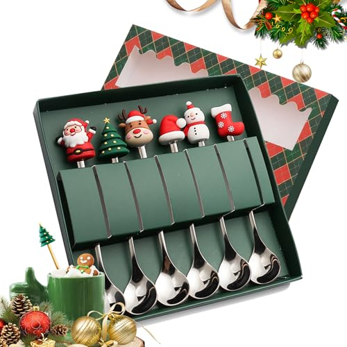 Kleinigkeiten für Adventskalender, panemy Edelstahl Weihnachtslöffel, Wichtelgeschenke Weihnachten, Geschirr Weihnachten, Geschenk Kaffeel Kuchenlöffel Tee Löffel, Marmeladenlöffel (6, L Silber)