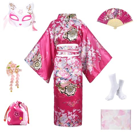 YOOCHUENG 8 Pcs Kimono Femme Déguisement Japonais Femme -Taille Unique (Convient EU 44-52) Yukata Robe, Ensemble Cosplay Anime avec Masque,Ceinture Réglable, Coffret Cadeau Inclus