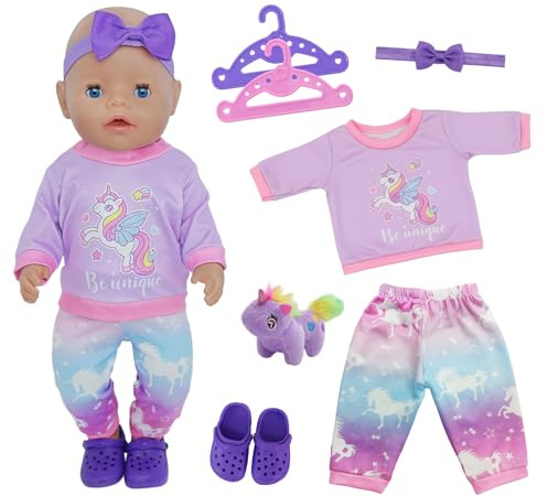 Puppenkleidung für 35-43cm Baby Puppen, 7 Stück Pony Puppenkleidung Outfit with Oberteil Hose Pony Puppe Schuhe Kleiderbügel für 12-18 Zoll Puppenzubehörset Mädchen Geburtstag Geschenk