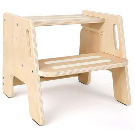 Tritthocker Kinder 2 Stufen – rutschfest, Holz mit Griff, Stabiler Hocker, Tragfähigkeit bis 150 kg – Fußbank für Bad, Waschbecken, Küche, Kinderzimmer, Schlafzimmer