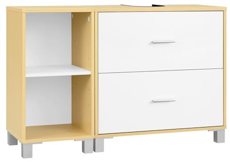 eSituro Meuble sous Lavabo, avec 2 Tiroirs, Découpe pour Siphon 20x14,5 cm et 1 Meuble Latéral avec 2 Compartiments, Cloison Réglable, Blanc, 90x30x60 cm, Blanc + Couleur Bois