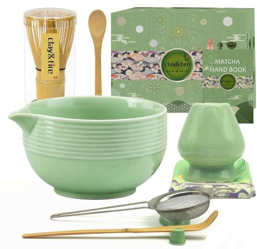 Clay&Fire Ceramic Matcha Whisk Set, 9 pcs Matcha Bowl with Spout and Whisk, Bamboo Matcha Kit, Gifts for Women, Matcha Lovers (Jade Green)